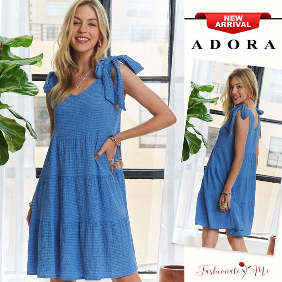 ADORA V-Neck Tie Shoulder Detail Sleeveless Tiered Babydoll Dress | Royal Blue - Picture 1 of 6